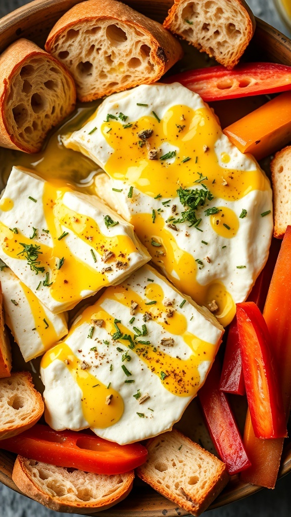 Air Fryer Baked Feta Cheese Baked feta cheese in a dish, garnished with herbs, served with bread and vegetable sticks.